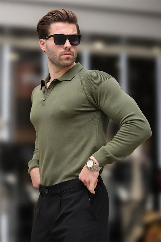 Haki Polo Yaka Dokulu Uzun Kollu Kazak E7264