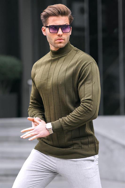 Haki Slim Fit Yarım Balıkçı Yaka Çizgili Tüylenmeyen Erkek Triko Kazak 6344