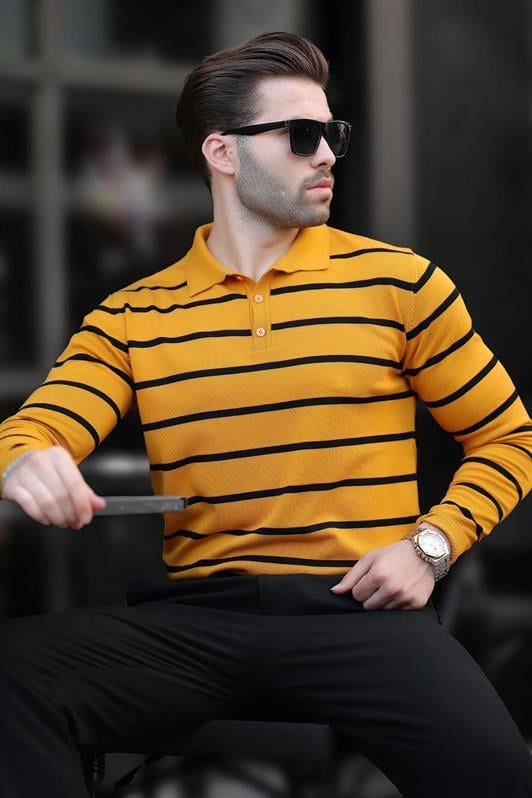 Hardal Düğmeli Polo Yaka Çizgili Uzun Kollu Kazak 7263