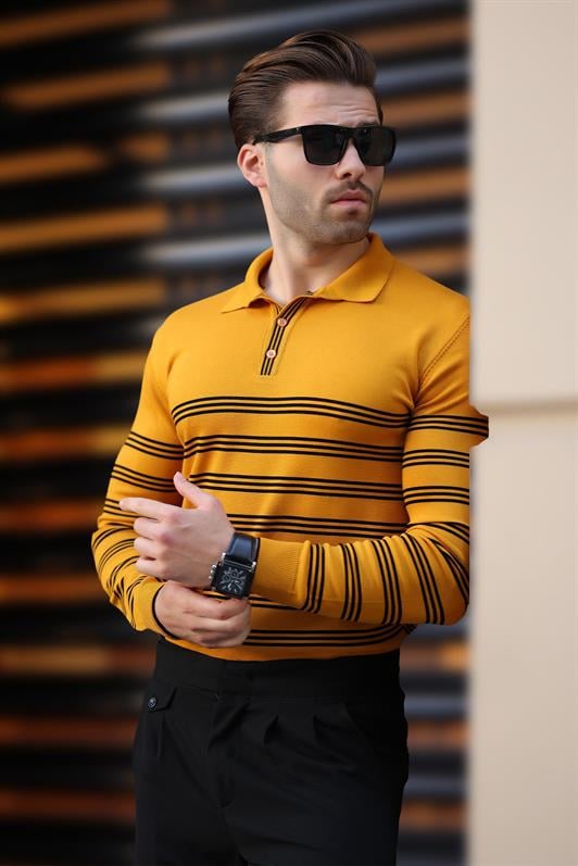 Hardal Düğmeli Polo Yaka Çizgili Uzun Kollu Kazak 7270