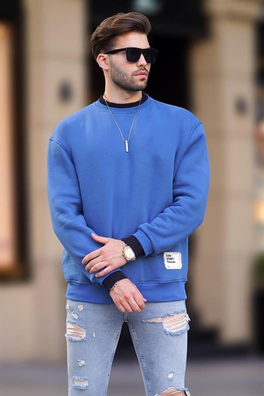 İndigo Erkek Bisiklet Yaka Oversize Şardonlu Arma Detaylı Erkek Sweatshirt 7043