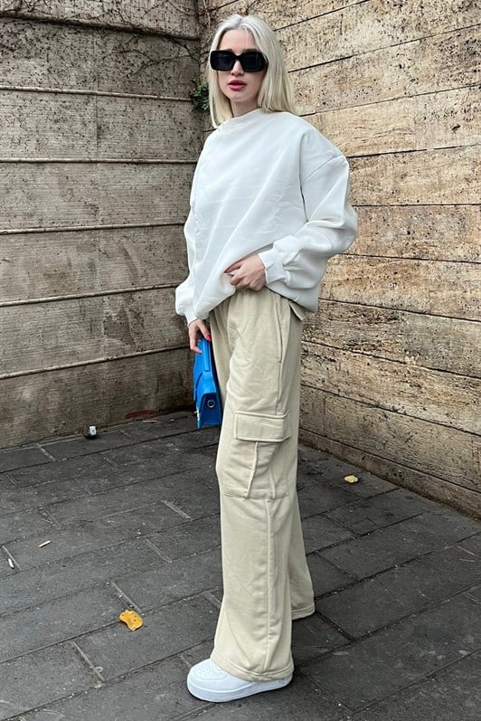 Kadın Bej Geniş Paça Kargo Cepli Eşofman Altı MG1615