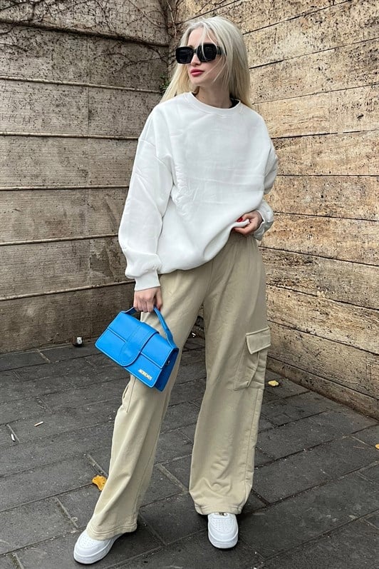 Kadın Bej Geniş Paça Kargo Cepli Eşofman Altı MG1615