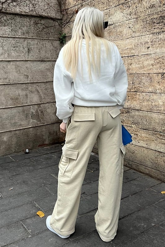 Kadın Bej Geniş Paça Kargo Cepli Eşofman Altı MG1615