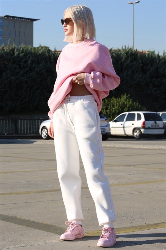 Kadın Ekru Beli Lastikli Şardonlu Eşofman Altı MG1568