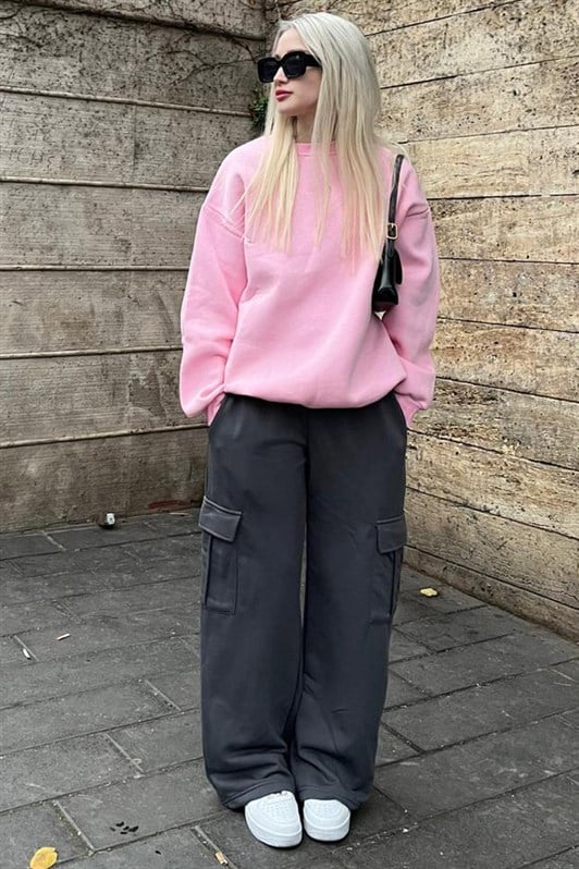 Kadın Füme Geniş Paça Kargo Cepli Eşofman Altı MG1615