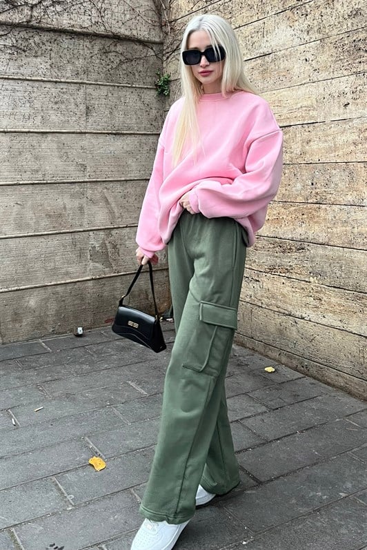 Kadın Haki Yeşili Geniş Paça Kargo Cepli Eşofman Altı MG1615