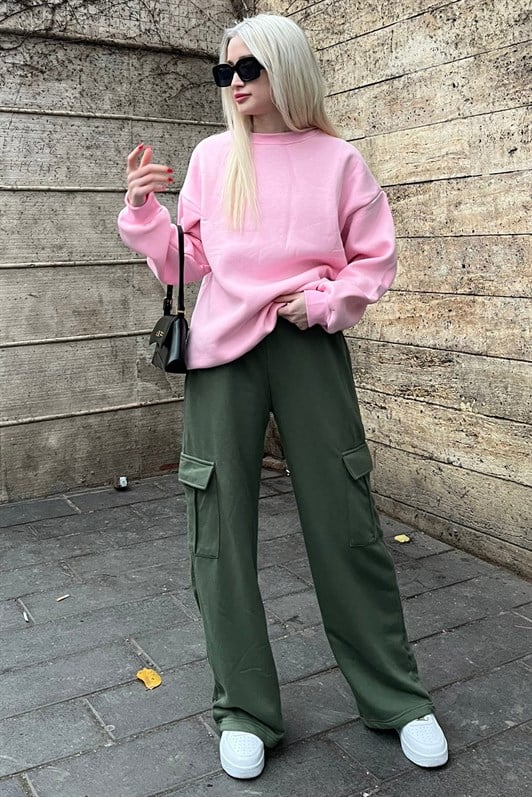 Kadın Haki Yeşili Geniş Paça Kargo Cepli Eşofman Altı MG1615