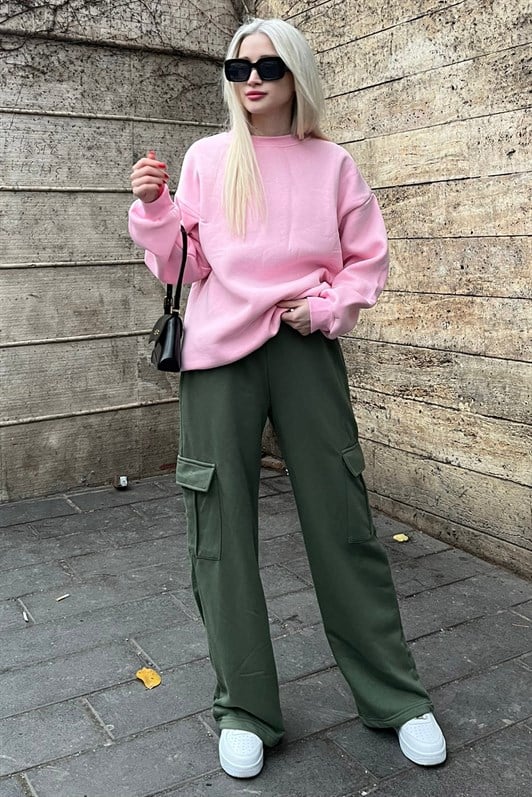 Kadın Haki Yeşili Geniş Paça Kargo Cepli Eşofman Altı MG1615