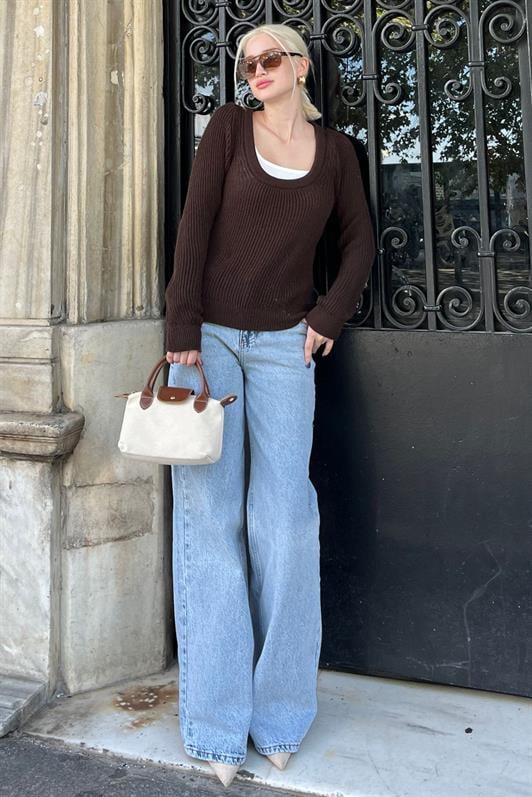 Kahverengi Bisiklet Yaka Basic Örme Kazak MG2189