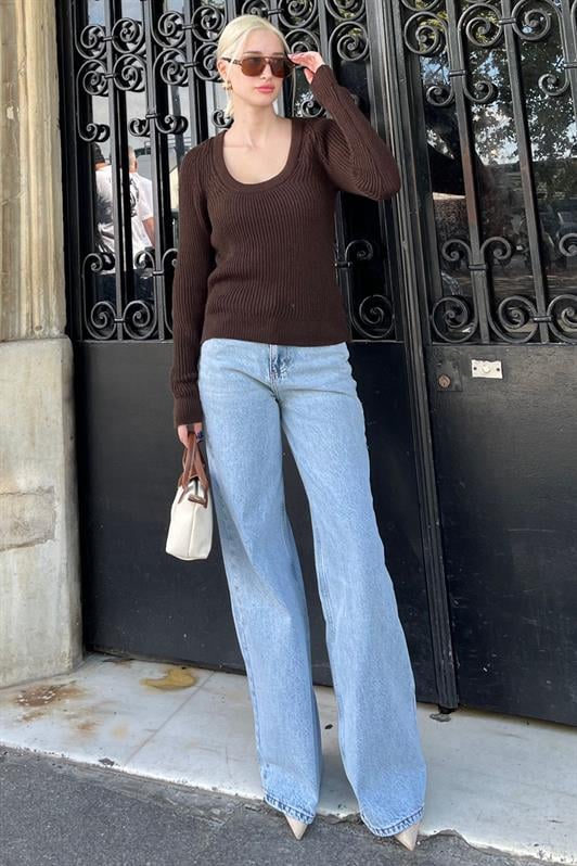 Kahverengi Bisiklet Yaka Basic Örme Kazak MG2189