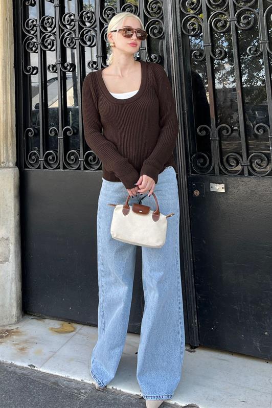 Kahverengi Bisiklet Yaka Basic Örme Kazak MG2189