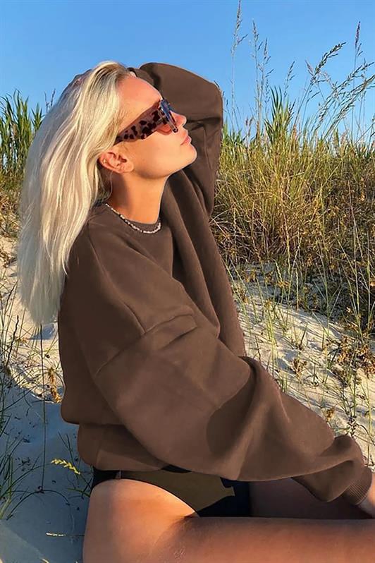 Kahverengi Bisiklet Yaka Basic Kadın Sweatshirt MG1559
