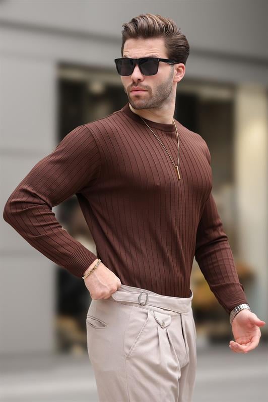 Kahverengi Bisiklet Yaka Çizgili Uzun Kollu  Kazak E7273