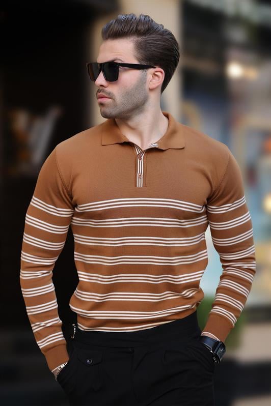 Kahverengi Düğmeli Polo Yaka Çizgili Uzun Kollu Kazak 7270
