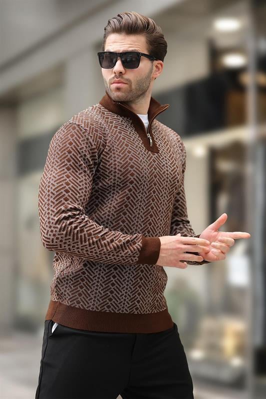 Kahverengi Fermuar Yaka Uzun Kollu Desenli Örme Kazak E7287