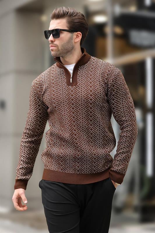 Kahverengi Fermuar Yaka Uzun Kollu Desenli Örme Kazak E7287