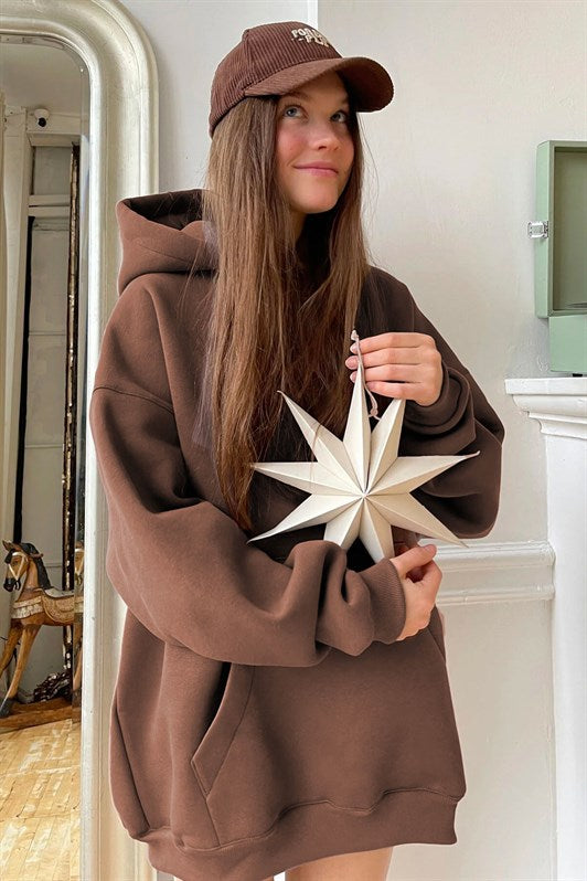 Kahverengi Kapüşonlu Şardonlu Oversize Kadın Sweatshirt MG1566