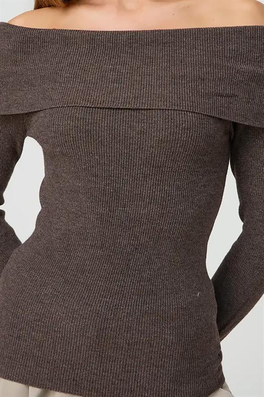 Kahverengi Madonna Yaka Uzun Kollu Triko Kazak MG2184