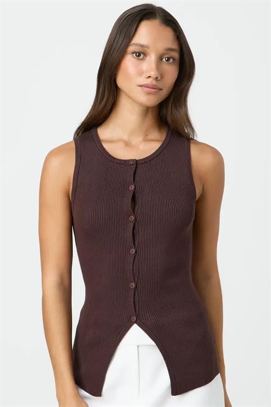 Kadın Kahverengi Sıfır Kol Düğmeli Örgü Kadın Tişört MG2102