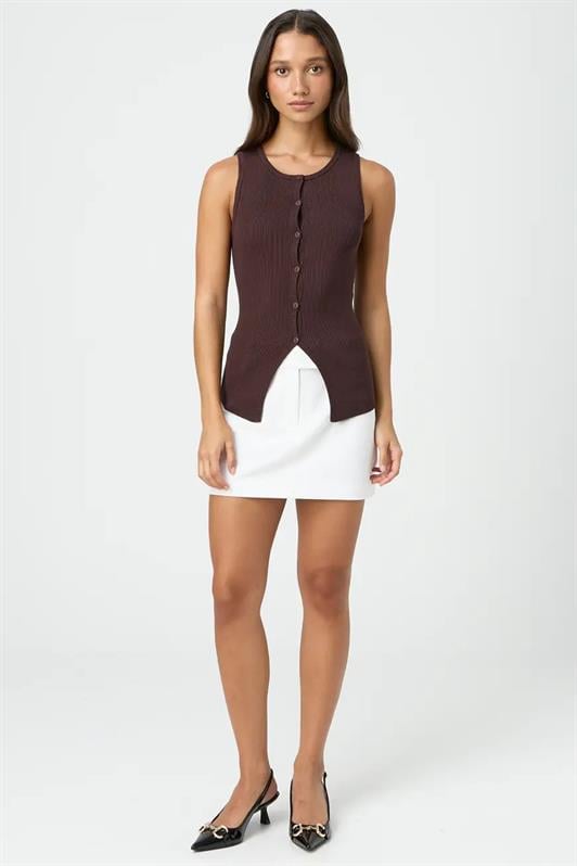 Kadın Kahverengi Sıfır Kol Düğmeli Örgü Kadın Tişört MG2102