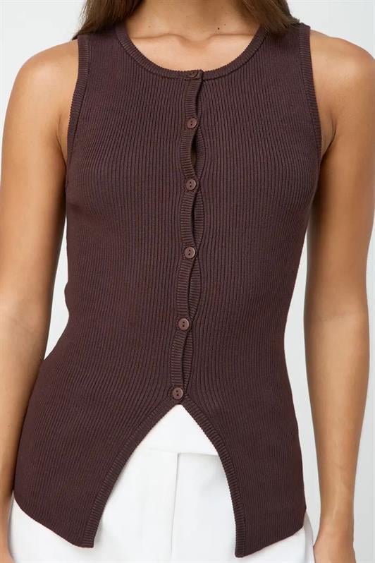 Kadın Kahverengi Sıfır Kol Düğmeli Örgü Kadın Tişört MG2102