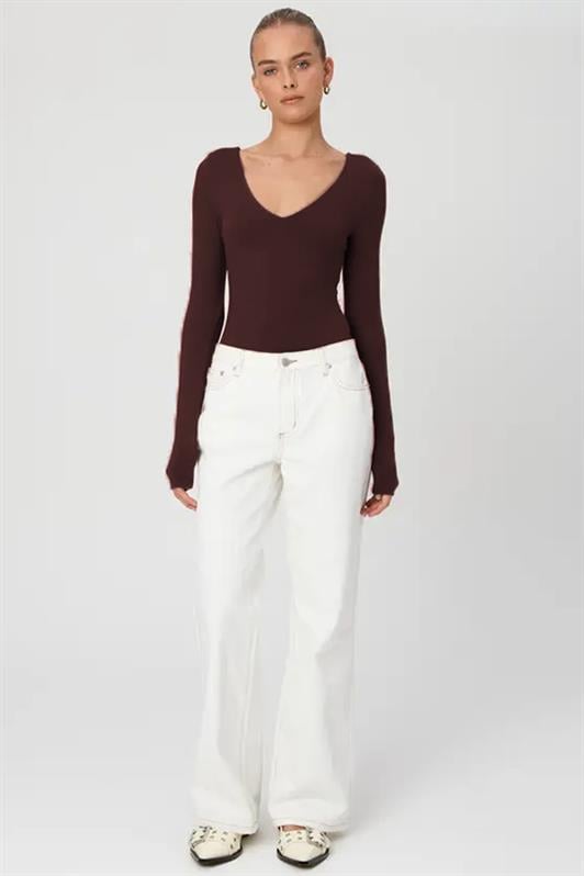 Kahverengi V Yaka Uzun Kol Esnek Kumaş Bodysuit MG2132