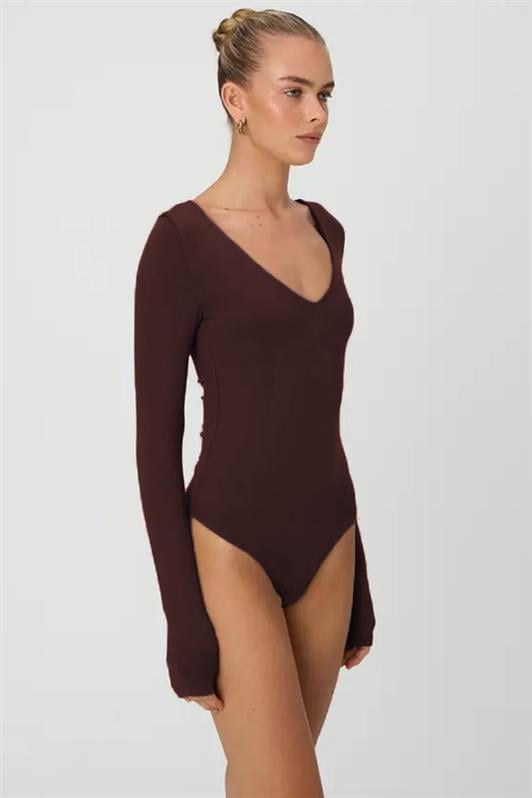 Kahverengi V Yaka Uzun Kol Esnek Kumaş Bodysuit MG2132