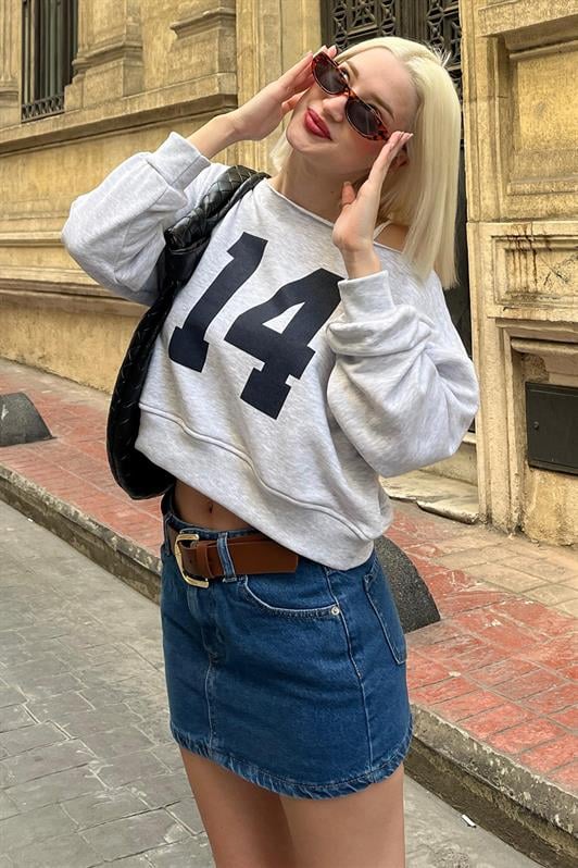 Karmelanj Kayık Yaka Baskılı Kadın Sweatshirt MG2205