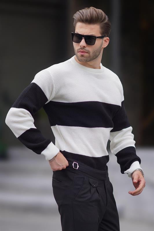 Vizon Erkek Bisiklet Yaka Renk Bloklu Uzun Kollu Örme Kazak 7236