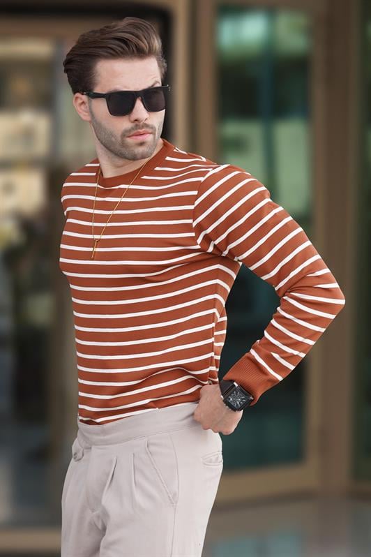 Kiremit Bisiklet Yaka Çizgili Erkek Kazak 7241