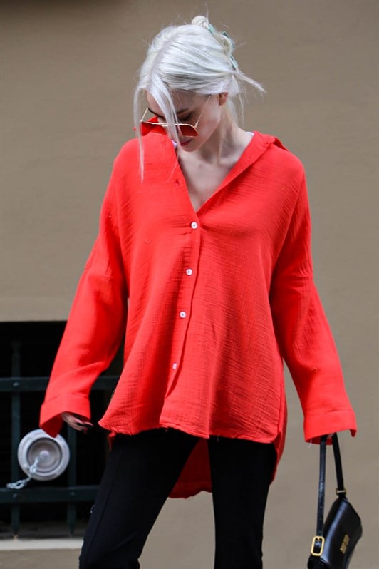 Kırmızı Muslin Kumaş Basic Kadın Gömlek MG1660