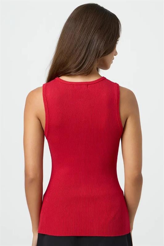 Kadın Kırmızı Sıfır Kol Düğmeli Örgü Kadın Tişört MG2102