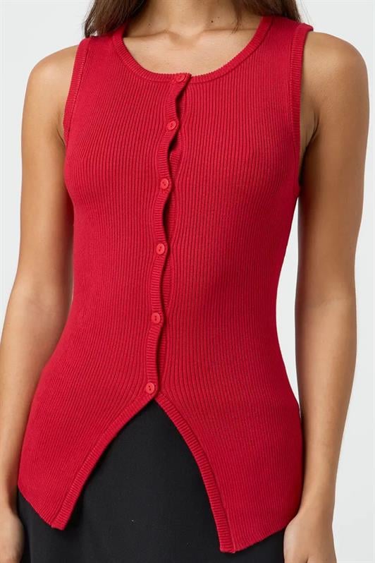 Kadın Kırmızı Sıfır Kol Düğmeli Örgü Kadın Tişört MG2102