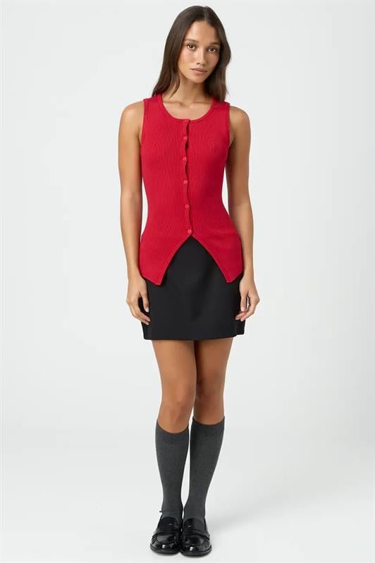 Kadın Kırmızı Sıfır Kol Düğmeli Örgü Kadın Tişört MG2102