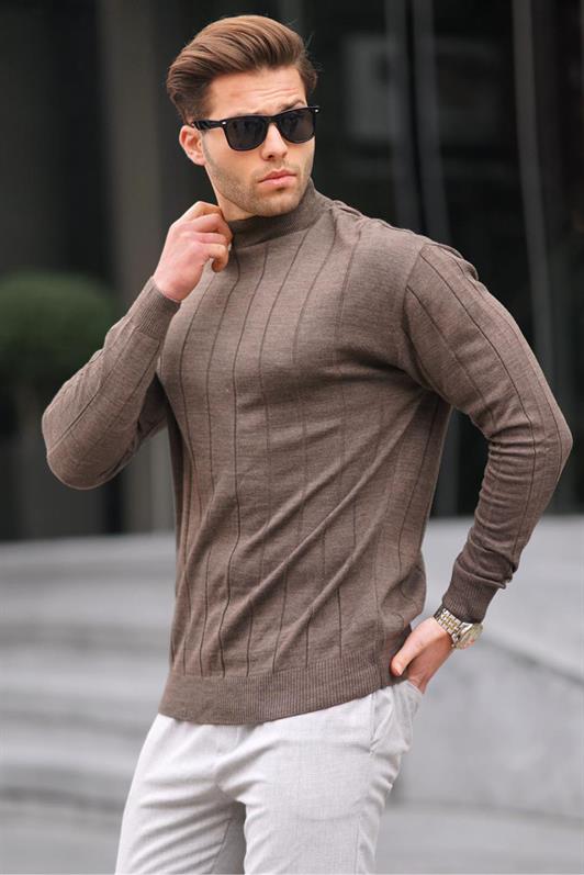 Koyu Kahverengi Slim Fit Yarım Balıkçı Yaka Çizgili Tüylenmeyen Erkek Triko Kazak 6344