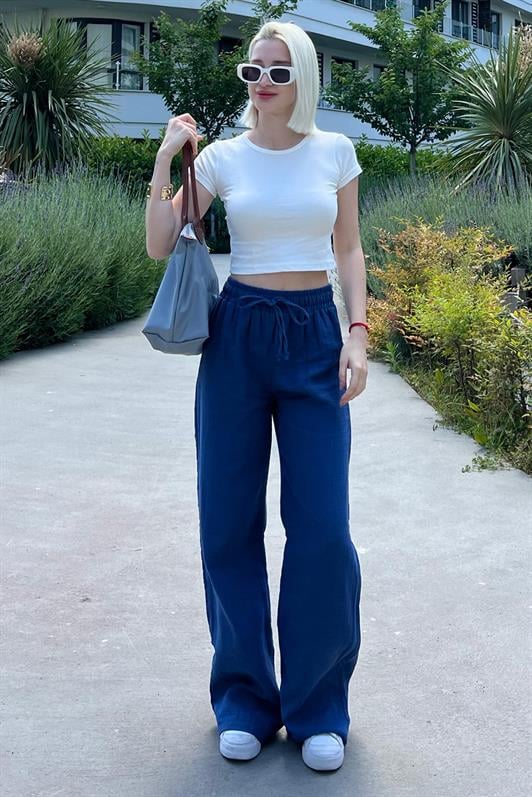Koyu Mavi Bol Paça Müslin Kadın Pantolon MG1980