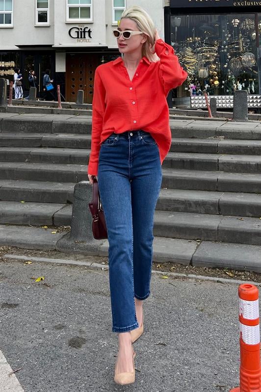 Koyu Mavi Slim Fit Kadın Mom Jean MG1738