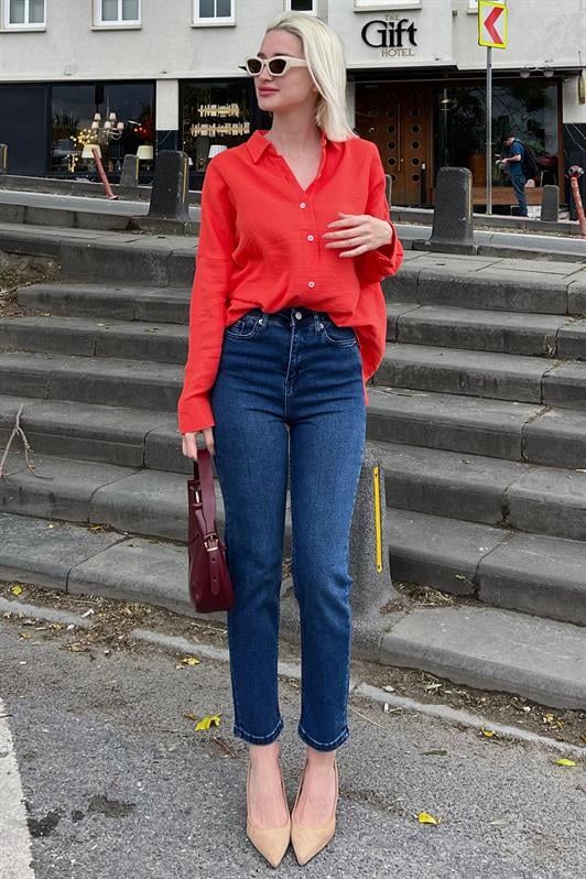 Koyu Mavi Slim Fit Kadın Mom Jean MG1738