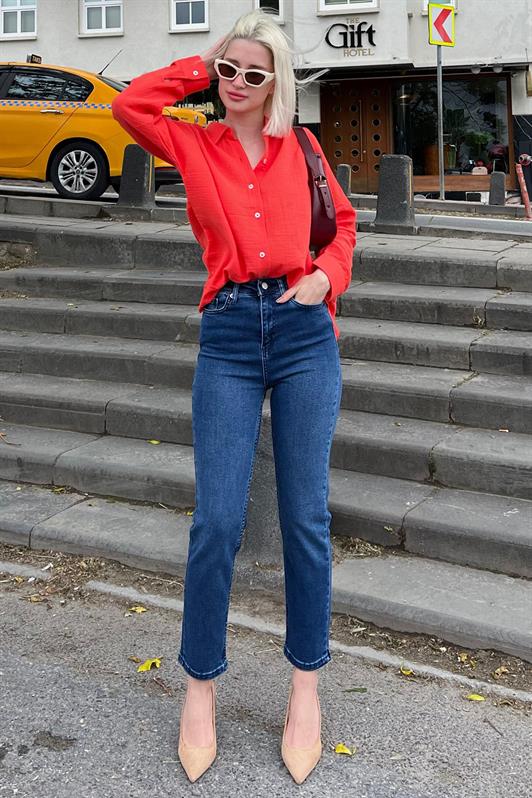 Koyu Mavi Slim Fit Kadın Mom Jean MG1738