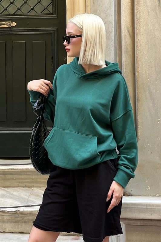 Koyu Yeşil Kapüşonlu Oversize Cepli Sweatshirt MG2207