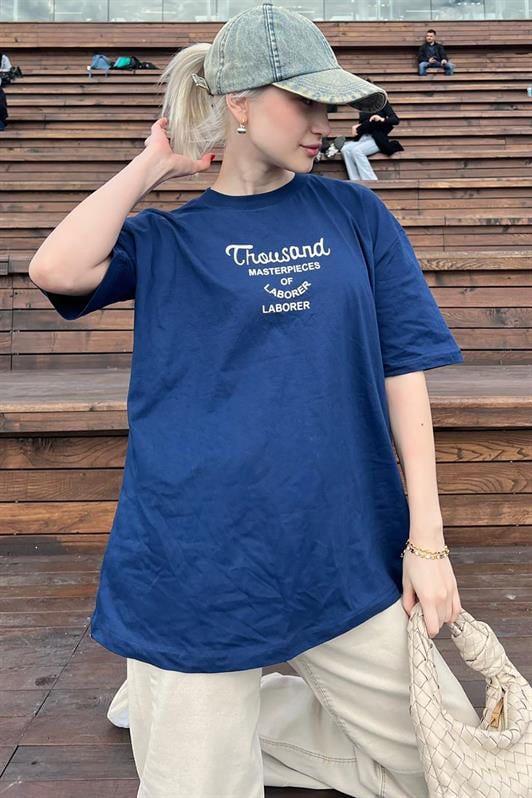 Lacivert Baskılı Kadın Tişört MG1978