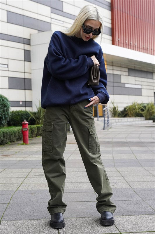 Lacivert Bisiklet Yaka Basic Kadın Sweatshirt MG1559