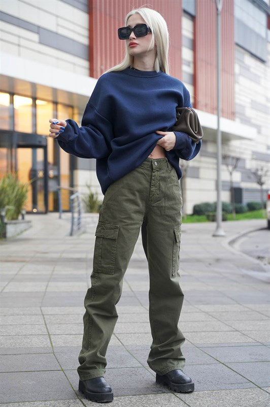 Lacivert Bisiklet Yaka Basic Kadın Sweatshirt MG1559