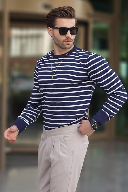 Lacivert Bisiklet Yaka Çizgili Erkek Kazak 7241