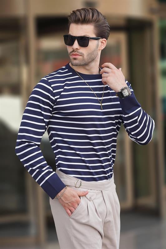 Lacivert Bisiklet Yaka Çizgili Erkek Kazak 7241