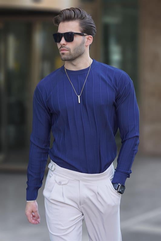 Lacivert Bisiklet Yaka Çizgili Uzun Kollu Erkek Kazak 7244
