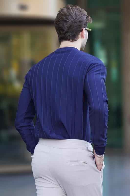 Lacivert Bisiklet Yaka Çizgili Uzun Kollu Erkek Kazak 7244