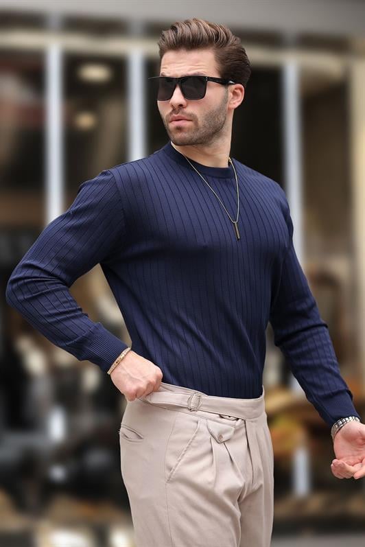 Lacivert Bisiklet Yaka Çizgili Uzun Kollu  Kazak E7273