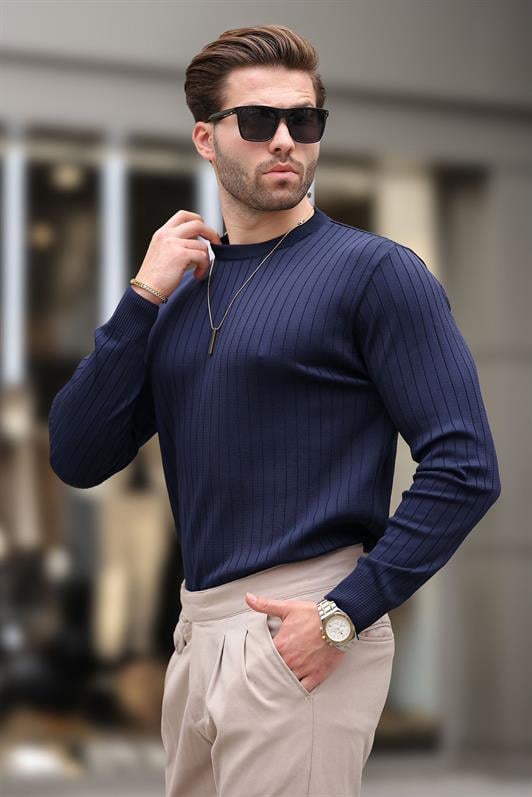 Lacivert Bisiklet Yaka Çizgili Uzun Kollu  Kazak E7273